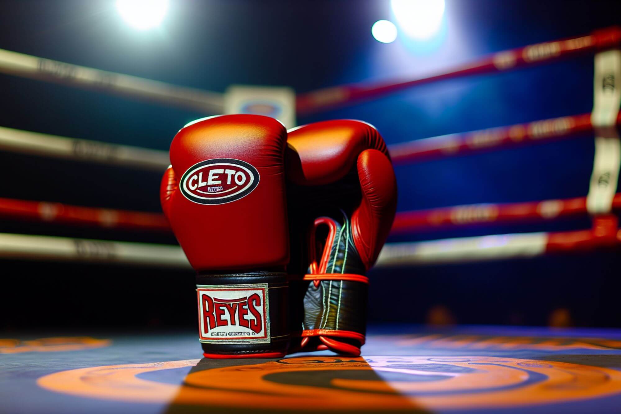 Cleto Reyes training gloves displayed in a professional boxing ring